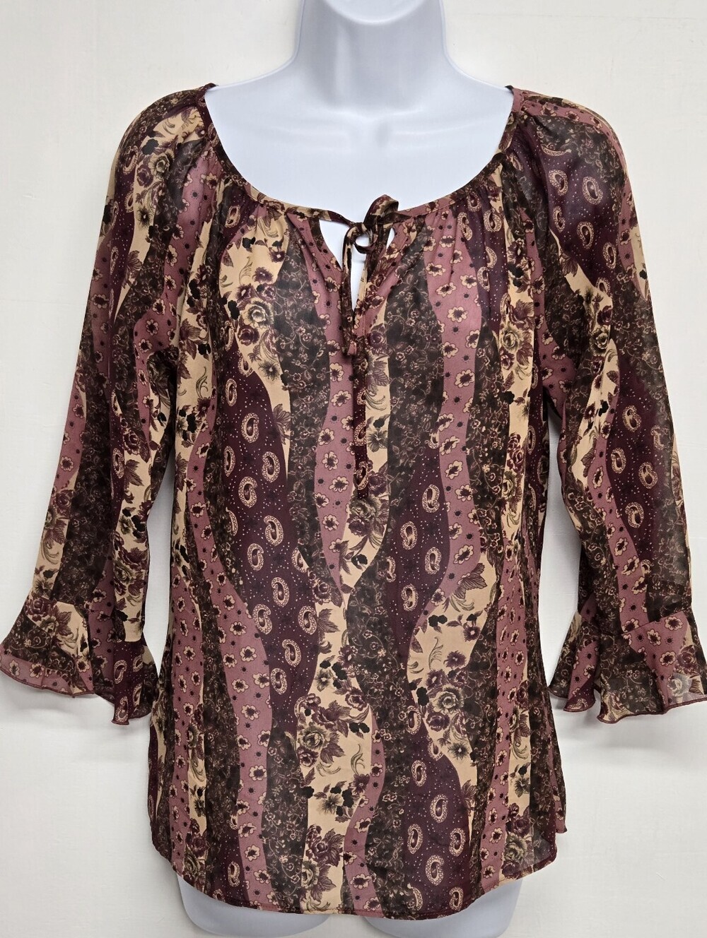 Target 12 Top Sheer Lightweight Tie Keyhole 1/2 Sleeve Paisley Floral Earthy